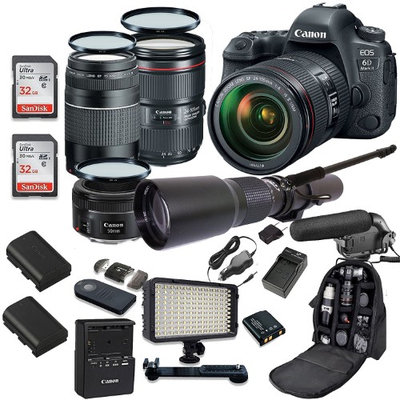 Canon EOS 6D MARK II DSLR Camera Bundle w/ Canon EF 24-105mm f/4L IS II USM Lens + Canon 75-300mm f/4-5.6 III Lens + Canon 50mm f/1.8 Lens + 500mm Preset Lens + Premium Accessory Bundle (19 Items)