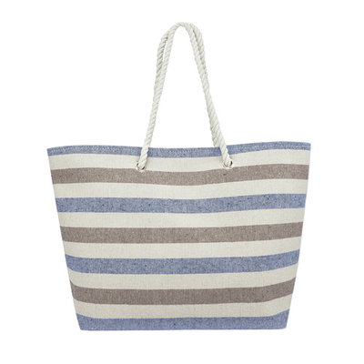 Swan Comfort Striped Canvas Beach Bag - Inside Lining, Inner Pocket, Top Handle - Eco Friendly ( Blue - Brown )