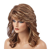Baoblaze Glamorous Fashion Shoulder Length Long Curly Wavy Golden Real Human Hair Wigs Heat Resistant with Wig Cap for Women Ladies
