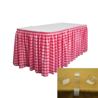 LA Linen SKTcheck14x29-10Lclips-FuchsiaK49 Polyester Gingham Checkered Table Skirt with 10 L-Clips White & Fuchsia - 14 ft. x 29 in.