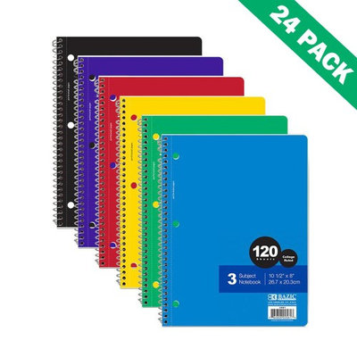 Bazic Products College Ruled Spiral Notebook, 3 Subject Spiral Bound Notebook Paper 120ct