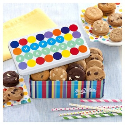 The Mrs. Fields Party On birthday tin contains 28 Nibblers bite sized cookies