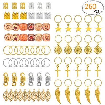 Apipi 260 pieces Dreadlocks Beads Hair Braid Rings Dreadlocks with Natural Painted Wood Beads- 14 Styles Hair Wraps Jewelry Hair Decoration Accessories