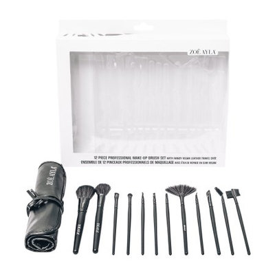 Zoe Ayla 12 Piece Professional Make-Up Brush Set with Handy Vegan Leather Travel Case - Black