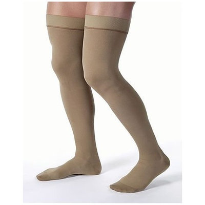 JOBST forMen Thigh High 30-40 mmHg Ribbed Dress Compression Stocking, Closed Toe, Small, Khaki
