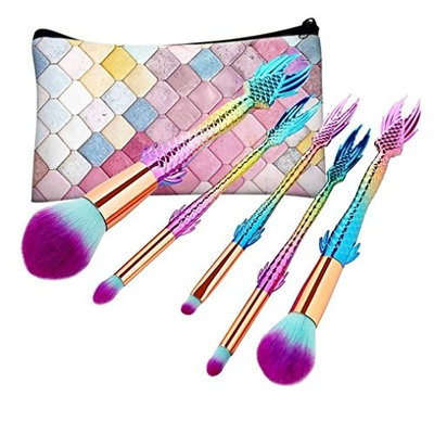 Ecurson New Arrival 5Pc Mermaid Foundation Eyeshadow Contour Eye Lip Makeup Brushes Set With Cosemetic Bag