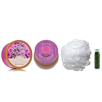 BRIGHT AUTUMN BLOOMS Bath & Body Works Body Butter, Body Scrub & Shower Puff with a Jarosa Bee Organic Peppermint Lip Balm