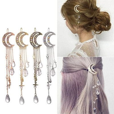 HP95 Moon Style Hairpin with Rhinestone Beads Hair Clip Crystal Bridal Jewelry Gold Silver Hollow Metal Hair Clip Pin for Women Barrettes Accessories