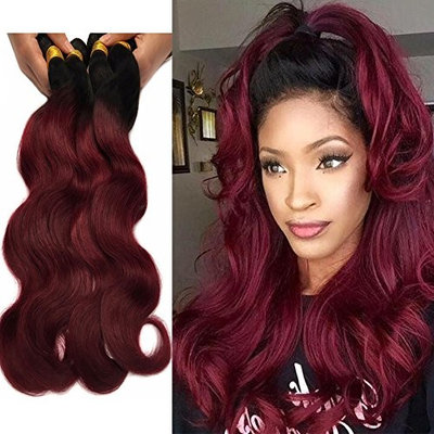 XCCOCO Hair Peruvian Ombre Hair Extensions Weaves 1B/99J Two Tone Body Wave Peruvian Virgin Human Hair 4 Bundles Black Burgundy 100g 10