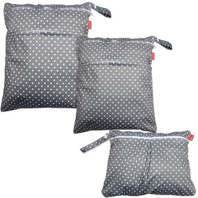 Damero 3pcs Travel Wet and Dry Bag with Handle for Cloth Diaper, Pumping Parts, Clothes, Swimsuit and More, Easy to Grab and Go, Gray Dots