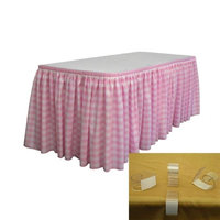 LA Linen SKTcheck21x29-15Lclips-PinkK37 Polyester Gingham Checkered Table Skirt with 15 L-Clips White & Pink - 21 ft. x 29 in.