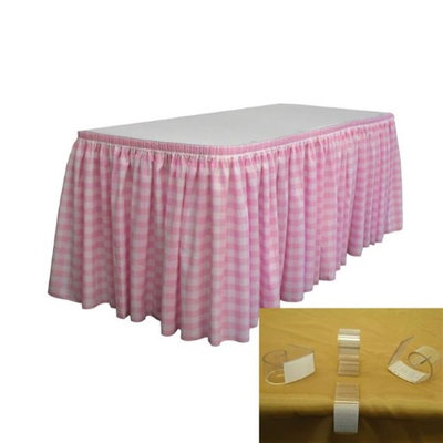 LA Linen SKTcheck21x29-15Lclips-PinkK37 Polyester Gingham Checkered Table Skirt with 15 L-Clips White & Pink - 21 ft. x 29 in.