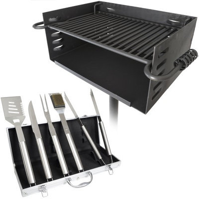 Titan Distributors Titan Single Post JUMBO Park Style Grill + 5pc Grilling Tool Set w/ Carry Case
