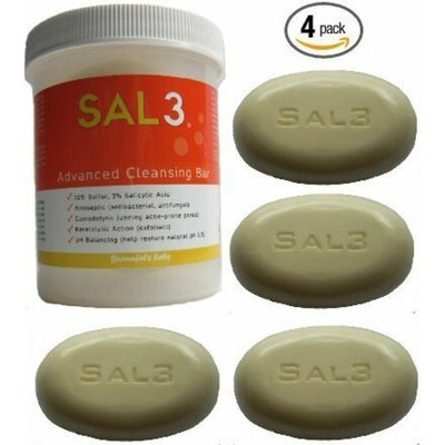 4 Pack - SAL3 Cleansing Bar - in special Suds Jar + refill soap bars - 3% salicylic acid, 10% sulfur - Ideal for Acne, Seborrheic Dermatitis, Keratosis Pilaris, Tinea Versicolor, Rosacea, Anti-Fungal