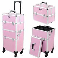 Mefeir 2-IN-1 Rolling Makeup Train Case w/Extra Bottom Lid,4 Removable Wheels Travel Lift Handle+Strap,Lockable Beauty Cosmetic Trolley Artist Organizer, for Mother Wife Girlfriend Daughter,Pink