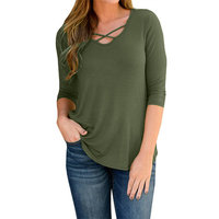 3/4 Sleeve Women Solid Color Skinny Cross T-shirts