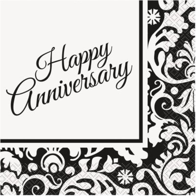 Black Damask Anniversary Party Napkins, 16ct