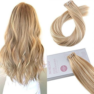 Moresoo 18 Inch Blonde Tape in Hair Extensions Remy Human Hair Color #27 Blonde Mixed with #613 Bleach Blonde 20PCS 50G Glue in Hair Tape on Human Hair Extensions