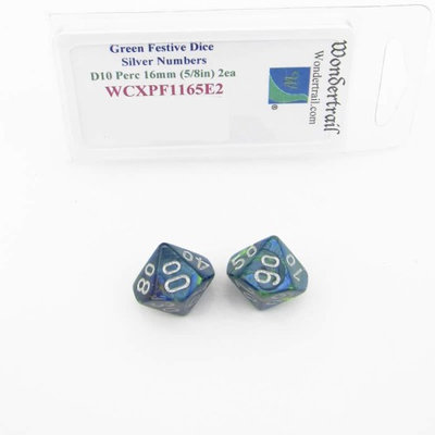 Wondertrail Products Green Festive Dice with Silver Numbers D10 Perc Aprox 16mm (5/8in) Pack of 2 Wondertrail