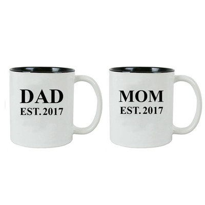 Dad + Mom Established Parents EST. 2017 11 oz Ceramic Coffee Mugs with Gift Boxes