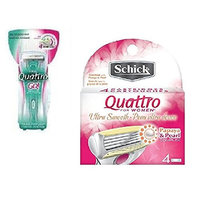 Schick Quattro for Woman GO Razor Handle + Schick Quattro for Women Razor Refill Blade Cartridges, Ultra Smooth, 4 Ct. + FREE Old Spice Deadlock Spiking Glue, Travel Size, .84 Oz