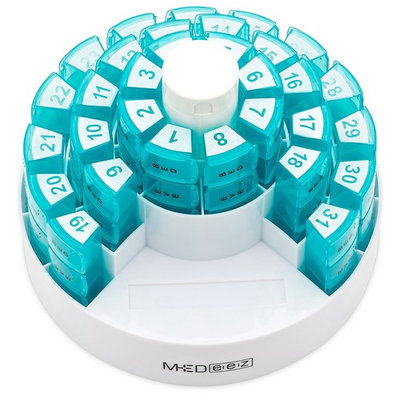 Monthly Pill Organizer 31 Day Pill Box with 4 Time of Day Compartments Bonus Pill Crusher and Pill Splitter by MEDeez