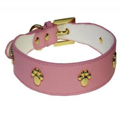 Sassy Dog Wear LEATHER PAW PINK3-C Leather Dog Collar, Pink - Medium