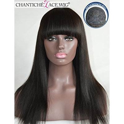 Chantiche® Silk Top Spinning Hair Whorl Light Yaki Straight None Lace Wigs With Bangs For Black Women Natural Looking Glueless Indian Remy Human Hair Replacement Full Wig 16Inch #1B