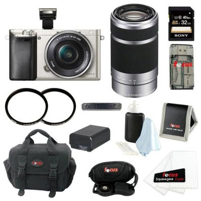 Sony Alpha a6000 ILCE6000LS ILCE6000L/S 24.3 MP Interchangeable Lens Camera with 16-50mm Power Zoom Lens (Silver) + Sony 55-210mm f/4.5-6.3 Telephoto Lens + Sony 32GB SD Card + Two Tiffen UV Filters + Case + Replacement NP-FW50 Battery + Accessory