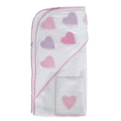 Hello Spud Heart Boucle Organic Cotton Hooded Towel and Washcloth Set in Pink