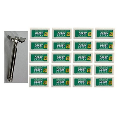Double Edge Safety Razor + Derby Extra Double Edge Blades, 5 ct. (Pack of 20) + FREE Schick Slim Twin ST for Dry Skin