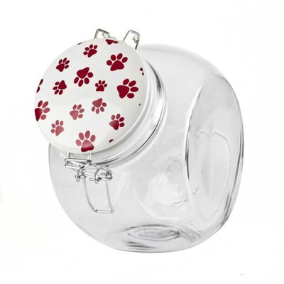 Blue Harbor Slant Treat Jar with Red and White Paw Print Lid