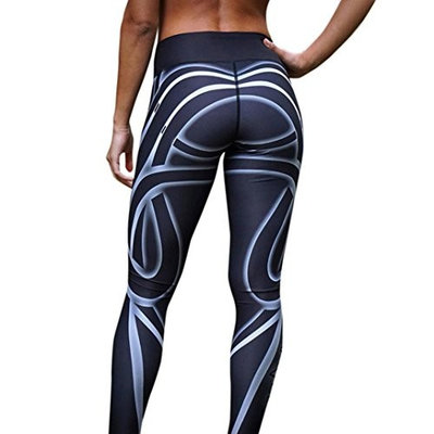 Women Line Printed Sports Gym Yoga Pant Mid Waist Workout Running Athletic Pants Fitness Trousers
