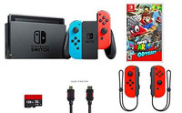 Nintendo Switch 5 items Bundle: Nintendo Switch 32GB Console Red/blue Joy-con,128GB Micro SD Card, Nintendo Joy-Con (L/R) Wireless Controllers Neon Red, Super Mario Odyssey, and Mytrix HDMI Cable