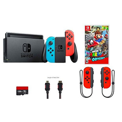 Nintendo Switch 5 items Bundle: Nintendo Switch 32GB Console Red/blue Joy-con,128GB Micro SD Card, Nintendo Joy-Con (L/R) Wireless Controllers Neon Red, Super Mario Odyssey, and Mytrix HDMI Cable