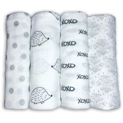 SwaddleDesigns® 4-Pack Hogs and Kisses Muslin Swaddles in White/Black