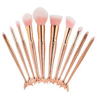 Iskas 10pcs Mermaid Makeup Brush Set Soft Nylon Bristles Beauty Brushes Kit Foundation Blending Blush Concealer Contour Cosmetic Tools - Champagne