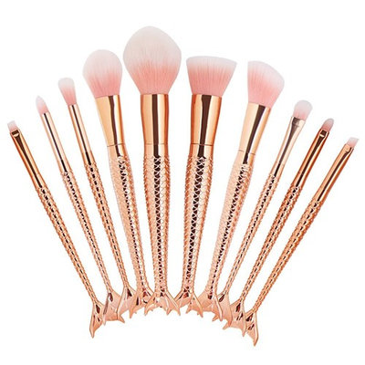 Iskas 10pcs Mermaid Makeup Brush Set Soft Nylon Bristles Beauty Brushes Kit Foundation Blending Blush Concealer Contour Cosmetic Tools - Champagne