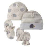 Gerber 4-Piece Organic Cotton Hedgehog Cap and Mitt Set in Grey