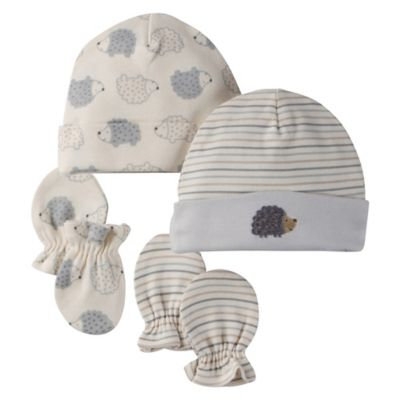 Gerber 4-Piece Organic Cotton Hedgehog Cap and Mitt Set in Grey