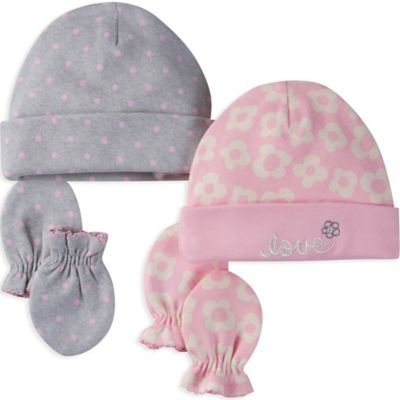 Gerber® 4-Piece Organic Cotton Daisy Dot Cap and Mitt Set