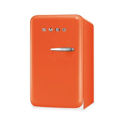 Smeg FAB5ULO 1.5 cu. ft. Compact Refrigerator with 2 Adjustable Wire Shelves, Balcony Door Shelf, Bottle Door Shelf, Absorption Cooling, LED Internal Light and Ice Cube Tray: Orange, Left Hinge Door Swing
