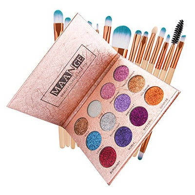 Homyl 12 Colors Glitter Bright Colorful Eyeshadow, Highly Pigmented,Shimmer Pressed Powder Palette With 15Pcs Facial Makeup Cosmetics Blending Brush Tool