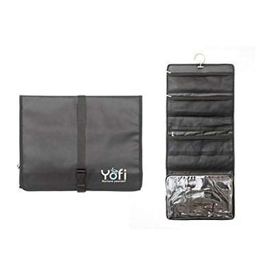 Yofi Nurture yourself Hanging Toiletry Bag Organizer for Cosmetics, Makeup, Jewelry, Toiletries, Shaving Tools in Black Expandable, Polyester Case with Zippers and Sections for Home or Traveling