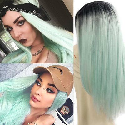 26'' Cosplay Wig Long Straight Hair Heat Resistant Fiber Party Wigs Green Black Roots None Front Lace Full Wigs(Green)