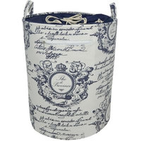 Round Canvas Hamper with Drawstring Top in Blue/White