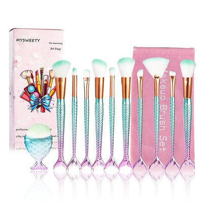 Mermaid Makeup Brushes Set, MYSWEETY 10PC Ultimate Makeup brushes + 1PC Fat Fish Foundation Brush, Mermaid Cosmetic Brushes Eyebrow Eyeliner Brush Concealer Brushes Set - Green Gradient