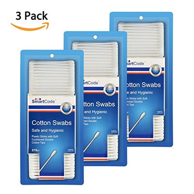 SmartCode Cotton Swabs, Cotton Buds, 100% Pure Cotton, Double-Tipped with Plastic Sticks for Baby Care Makeup Application, 375ct, Pack of 3