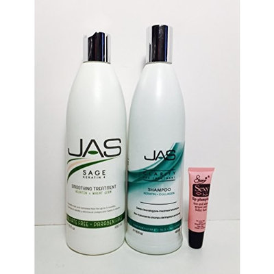 JAS Plus Sage Keratin 4 Smoothing Treatment Keratin + Wheat Germ 16 Oz and Clarifying Pre Treatment Shampoo 16oz Free Starry Lip Plumping Gloss 4 Oz
