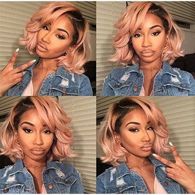 Human Hair Lace Frontal Wig Ombre Pink Color Short Body Wave Pre Plucked Virgin Human Hair Wigs (12